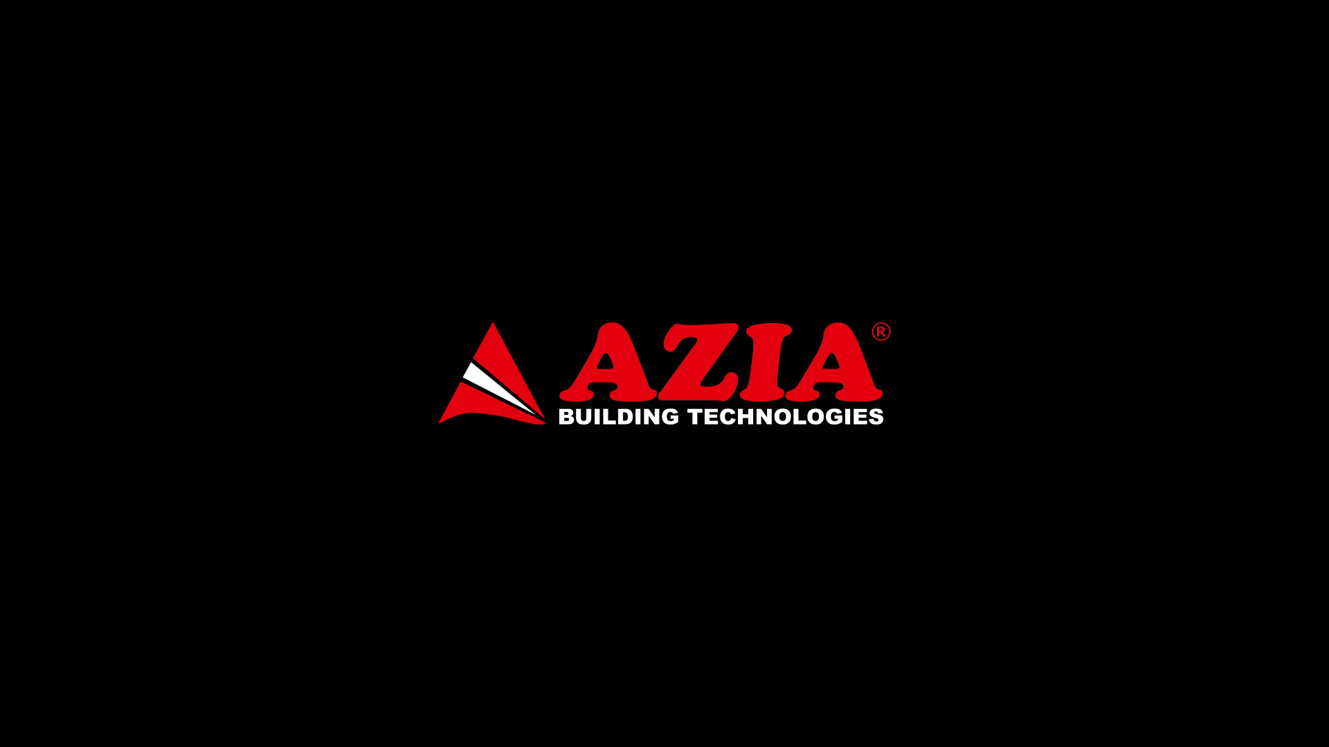 Логотип AZIA Building Technologies: красный знак и белая надпись на чёрном фоне